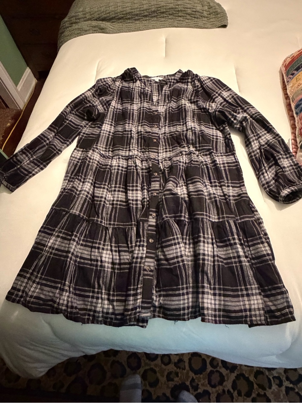 Time and Tru Black and White Plaid Tiered Button-Front Dress